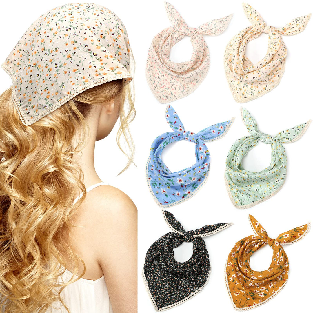 Dingion 6 Pcs Floral Hair Bandanas Head Kerchief Print Chiffon Hair Scarf With Ties Flower Mesh Lightweight Triangular Hair Scar