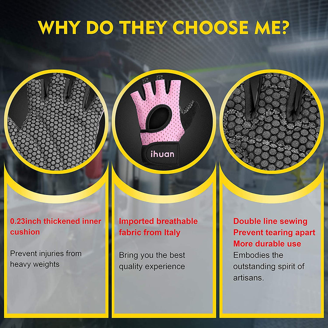 ihuan Breathable Weight Lifting Gloves: Fingerless Workout Gym Gloves Wrist Support Palm Protection Extra Grip for Fitness Rowing Pull-ups (Pink, XS)