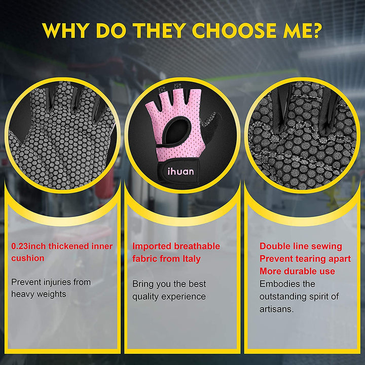 ihuan Breathable Weight Lifting Gloves: Fingerless Workout Gym Gloves Wrist Support Palm Protection Extra Grip for Fitness Rowing Pull-ups (Pink, XS)