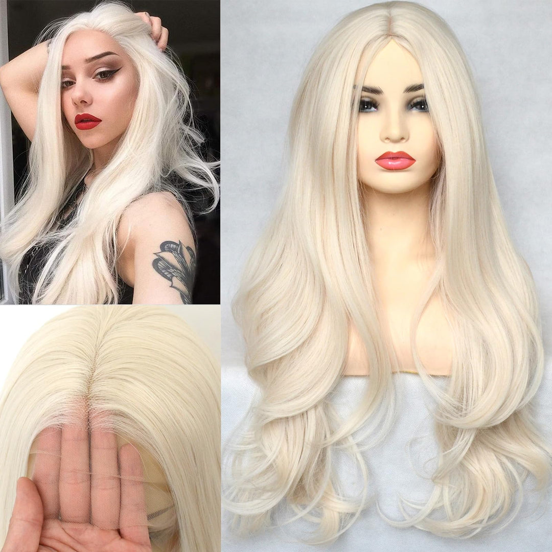 Bluple Platinum Blonde 60# Lace Front Wig Long Natural Wavy Heat Resistant Synthetic Hair Replacement Full Wigs Middle Part For