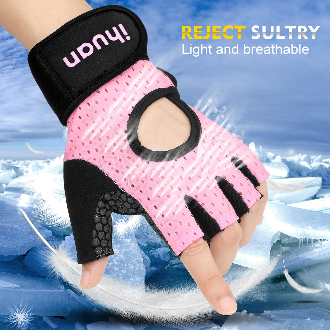 ihuan Breathable Weight Lifting Gloves: Fingerless Workout Gym Gloves Wrist Support Palm Protection Extra Grip for Fitness Rowing Pull-ups (Pink, XS)