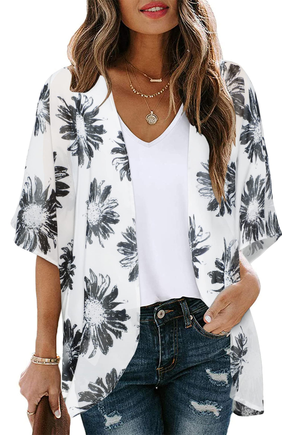 Women Daisy Kimono Cardigan Sheer Beach Coverup Chiffon Loose Casual Open Front Tops (Dasiy WhiteS)