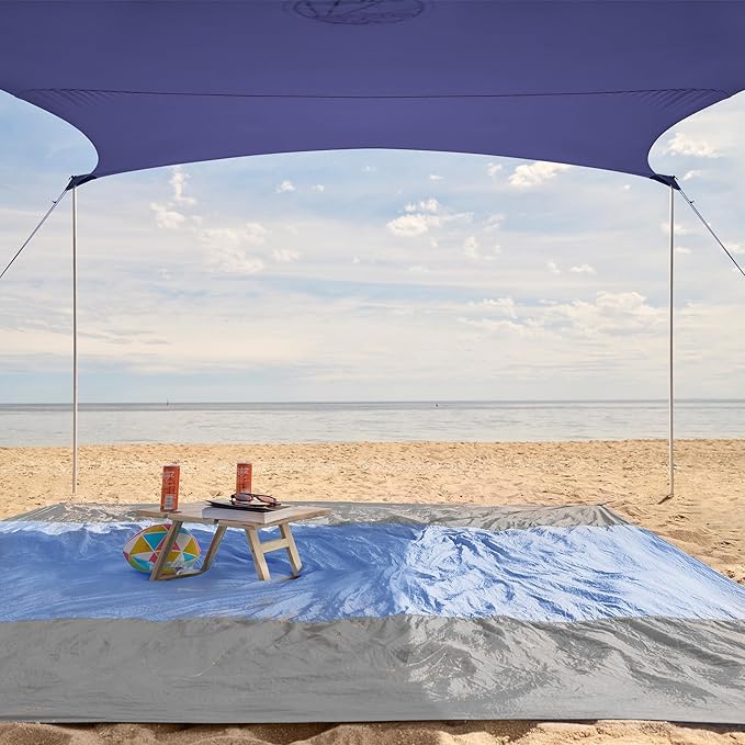 WEKAPO Beach Tent Sun Shelter - Easy Setup Beach Canopy with 4 Sturdy Poles, Large Sandbags and Shovel, 6'7'' Tall, Windproof Sun Shade for Backyard and Camping, UPF 50+ Protectio