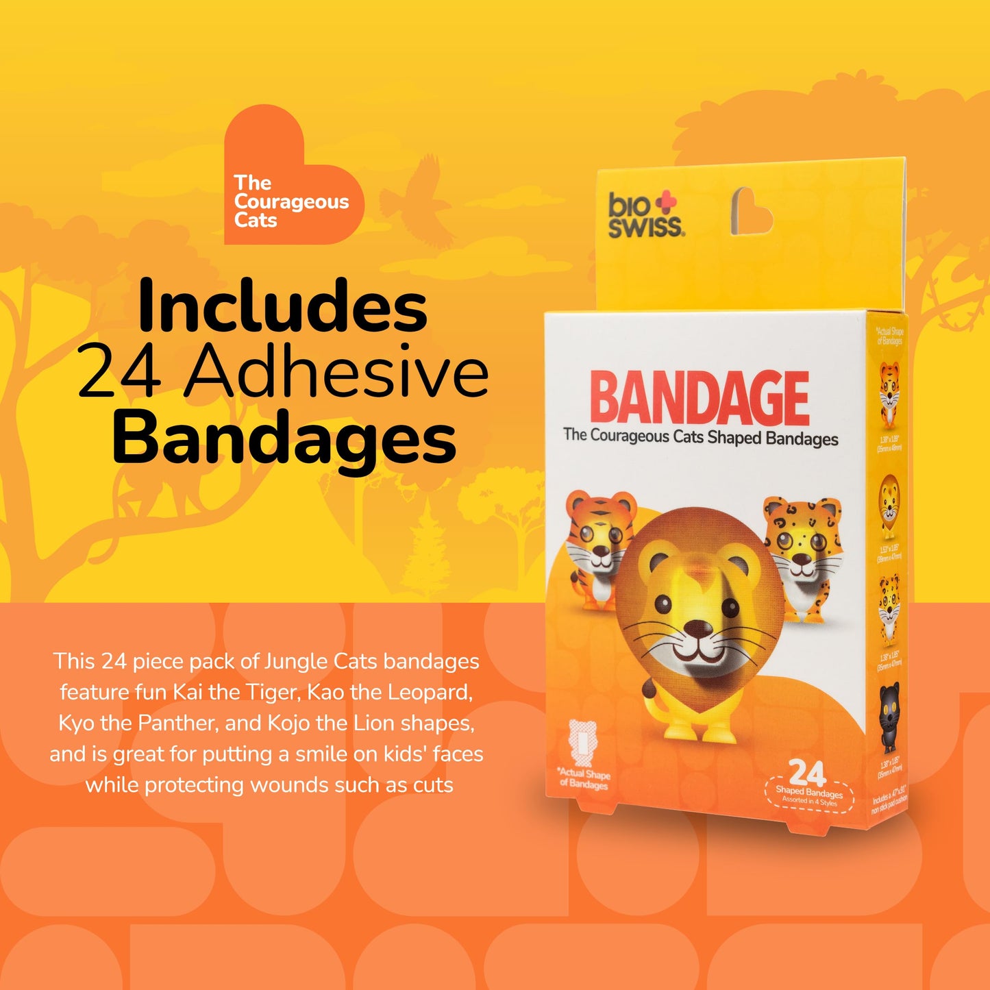 BioSwiss Bandages, Courageous Cats Shaped Self Adhesive Bandage, Latex Free Sterile Wound Care, Fun First Aid Kit Supplies for Kids and Adults, 24 Count