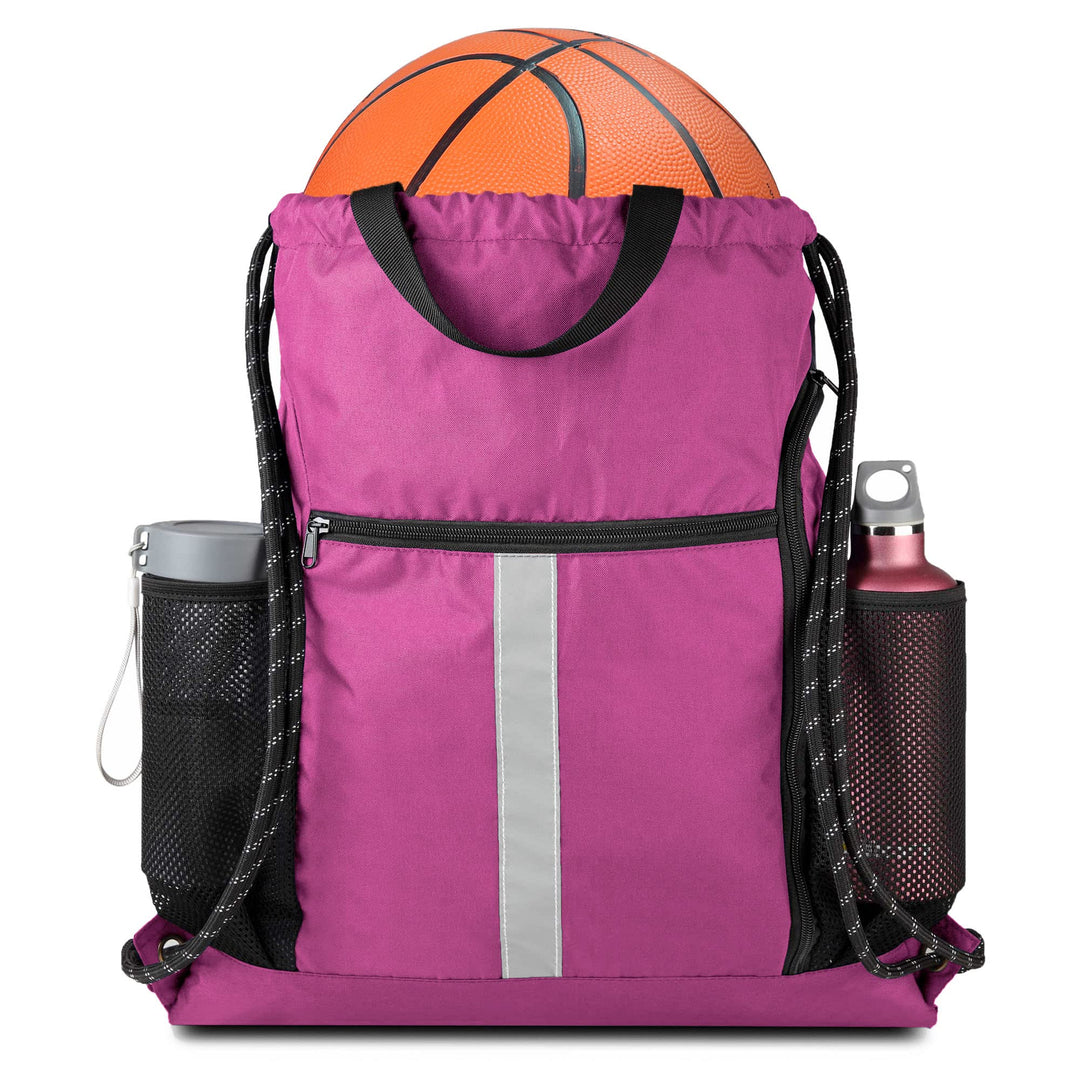 BeeGreen Pink String Backpack Large Drawstring Bag Cinch Sack w Shoe Compartment & Two Side Mesh Pockets Lightweight Sturdy Drawstring Gym Sackpack for Unisex