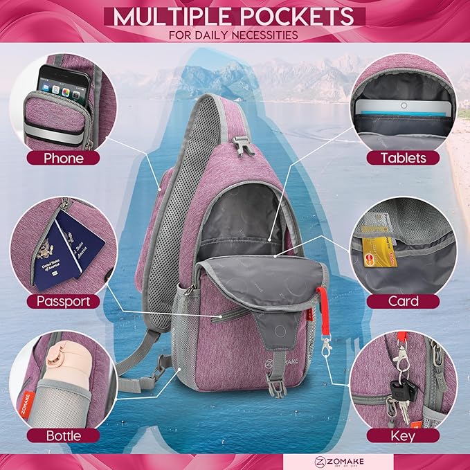 ZOMAKE Small Sling Bag, Travel Sling Backpack, Waterproof Hiking Cycling Crossbody pack for Men Women(Purple)