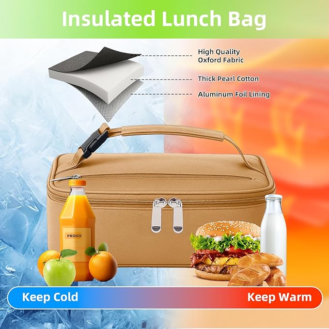 Small Lunch Box Insulated Lunch Bag for Women Men, Bento Kids Lunch Box, Compact Portable Thermal Meal Cooler Bags with Buckle Handle for Work & School, Khaki 5L