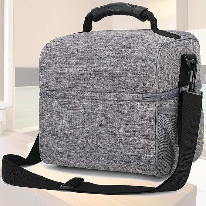 FlowFly Double Layer Cooler Insulated Lunch Bag Adult Lunch Box Large Tote Bag for Men, Women, With Adjustable Strap,Front Pocket and Dual Large Mesh Side Pockets