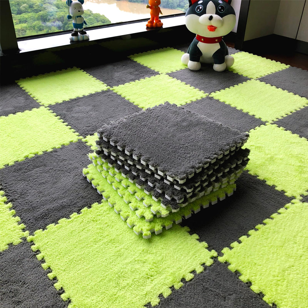 easycustomerlee 12pcs Tiled Puzzle Play Mats Interlocking Shaggy Soft EVA Foam Mats Protective Floor for Children Kids Room Home Parlor Bedroom(Green)