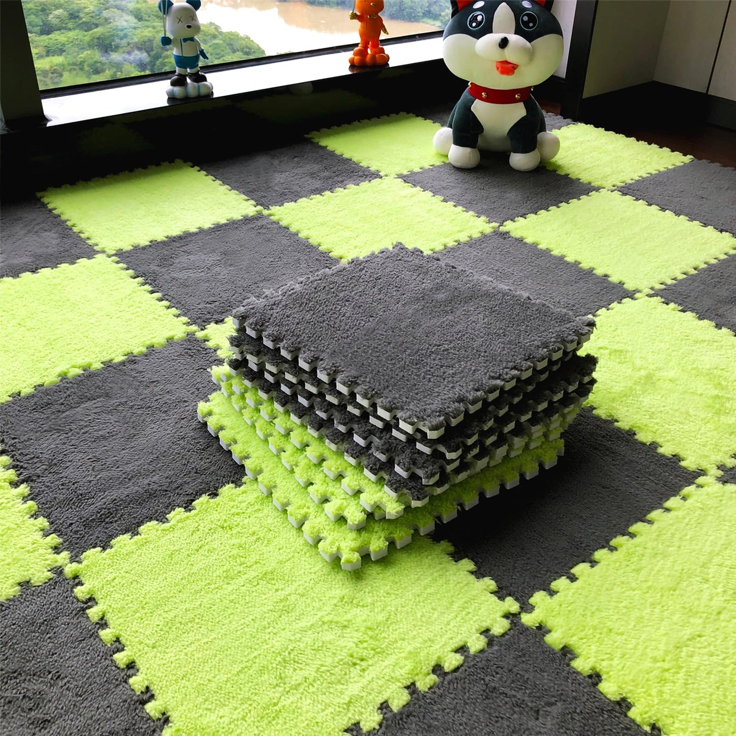 easycustomerlee 12pcs Tiled Puzzle Play Mats Interlocking Shaggy Soft EVA Foam Mats Protective Floor for Children Kids Room Home Parlor Bedroom(Green)