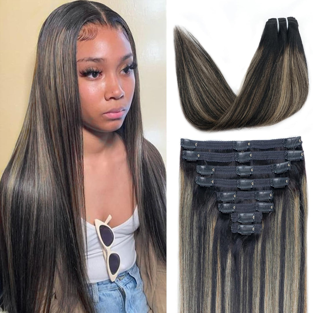 FB27 Highlight Ombre Clip In Hair Extensions Real Human Hair Straight Clip In Black to Blonde Human Hair Extensions Balayage Clip ins Remy Hair for Women 8Pcs with 18Clips Lace Weft 120g 20inch