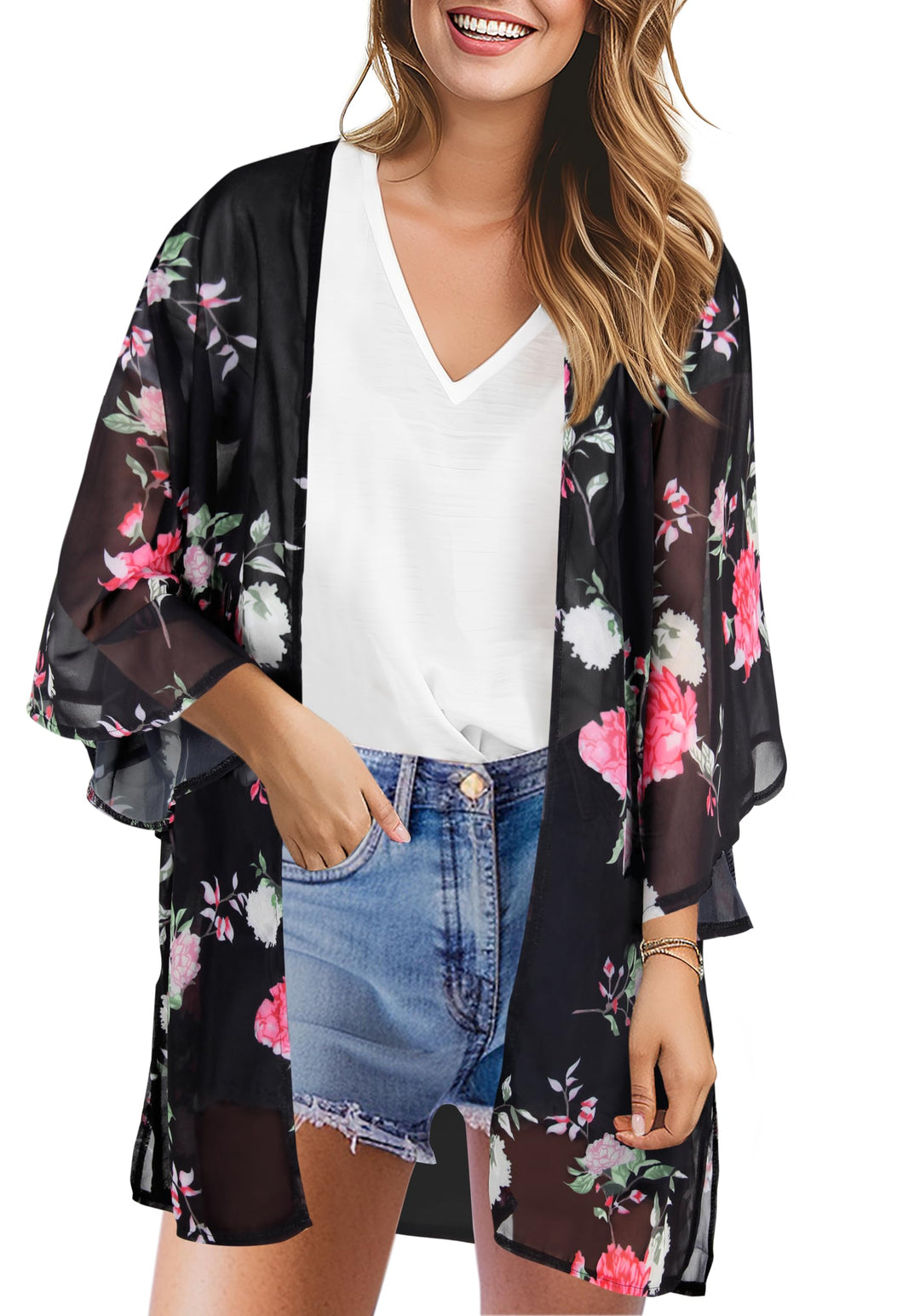 TBONTB Womens Kimono Cover Ups for Beach Floral Short Sleeve Loose Summer Cardigan Black S