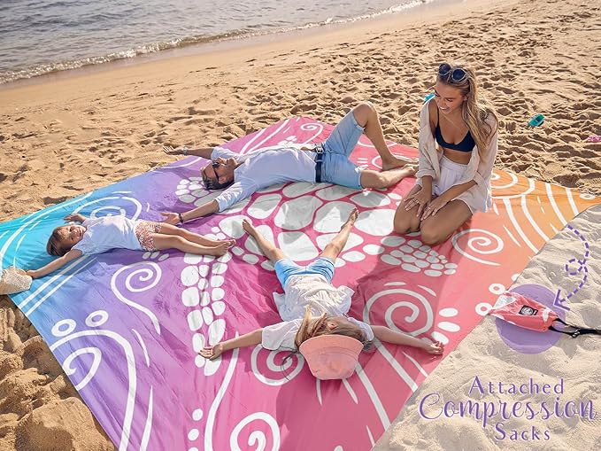 WEKAPO Beach Blanket Waterproof Sandproof Oversized Extra Large Sand Free Beach Mat with Stakes, Storage Bag - Essentials for Outdoor Beach, Picnic (Pinkish Purple Sea Turtle, 11 X 9 FT (1~10 Person))