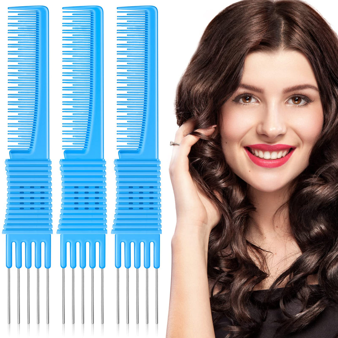 Leinuosen 3 Pack Carbon Lift Teasing Combs With Metal Prong, Hair Pick Comb For Women Hair Styling(Blue)