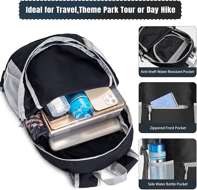 ZOMAKE Ultra Lightweight Hiking Backpack 20L, Packable Small Backpacks Water Resistant Daypack for Women Men(Black)