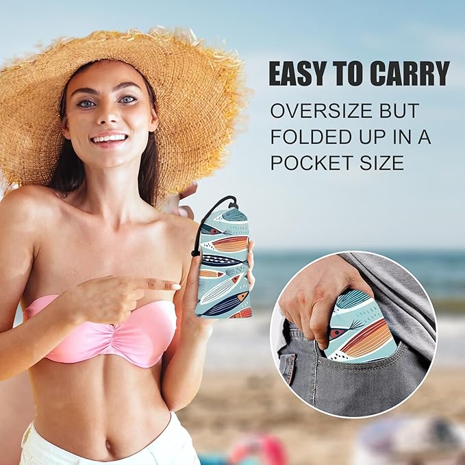 Large Beach Blanket Waterproof Sandproof 79"x 83" for 1-4 Adults,Quick Drying Beach Mat,Lightweight & Durable,Beach Essentials for Family Beach Camping Travel Picnic(Small Fish)