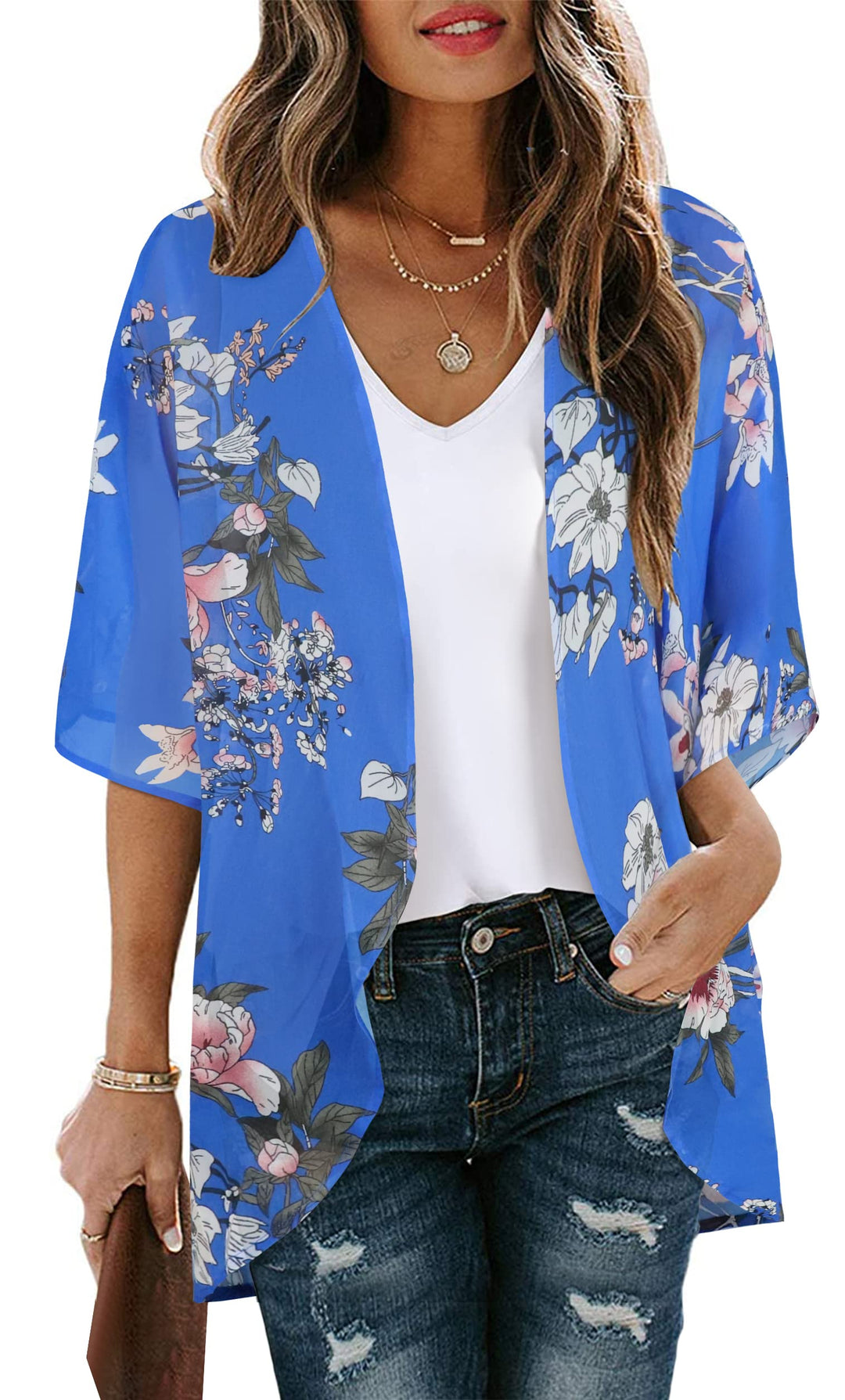 Womens Spring Cardigans Casual Loose Open Front Kimono Tops Chiffon Beach Cover up Shirts(Rayol Blue Floral, S)