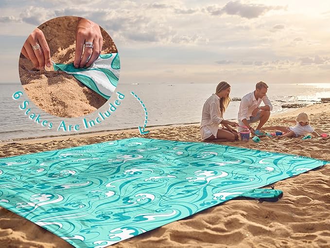 WEKAPO Beach Blanket Waterproof Sandproof Oversized Extra Large Sand Free Beach Mat with Stakes, Storage Bag - Essentials for Outdoor Beach, Picnic (Turquoise Ocean Waves, 8 X 7 FT (1~4 Person))