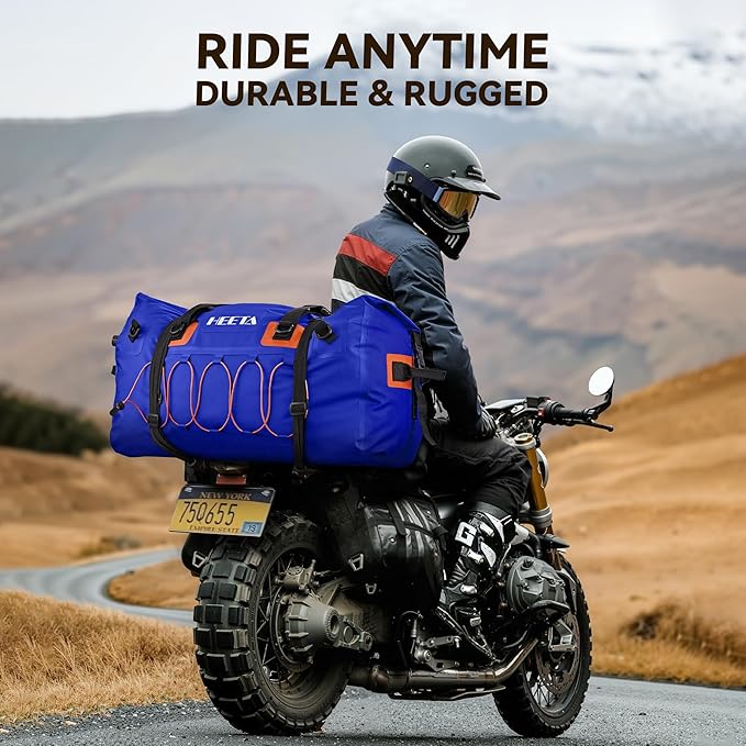 HEETA Waterproof Duffel Bag Motorcycle Dry Bag Backpack, Extra Large Rolltop Travel Duffle Bags with Straps & Handles for Kayaking Rafting Boating Canoeing Camping Gym Beach (Blue, 60L)