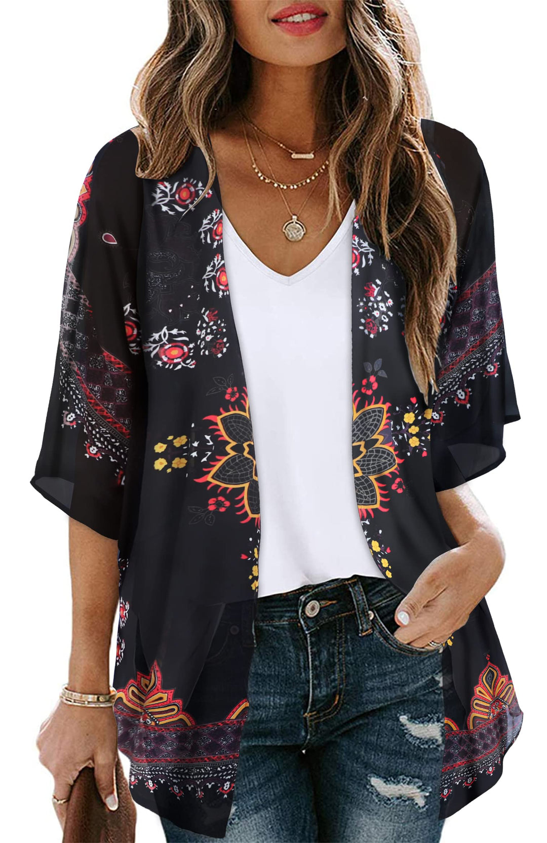 Womens Kimonos Beach Cover Up Chiffon Cardigan Floral Blouse Loose Fit Cape Top Summer Resortwear(Orange Black,S)