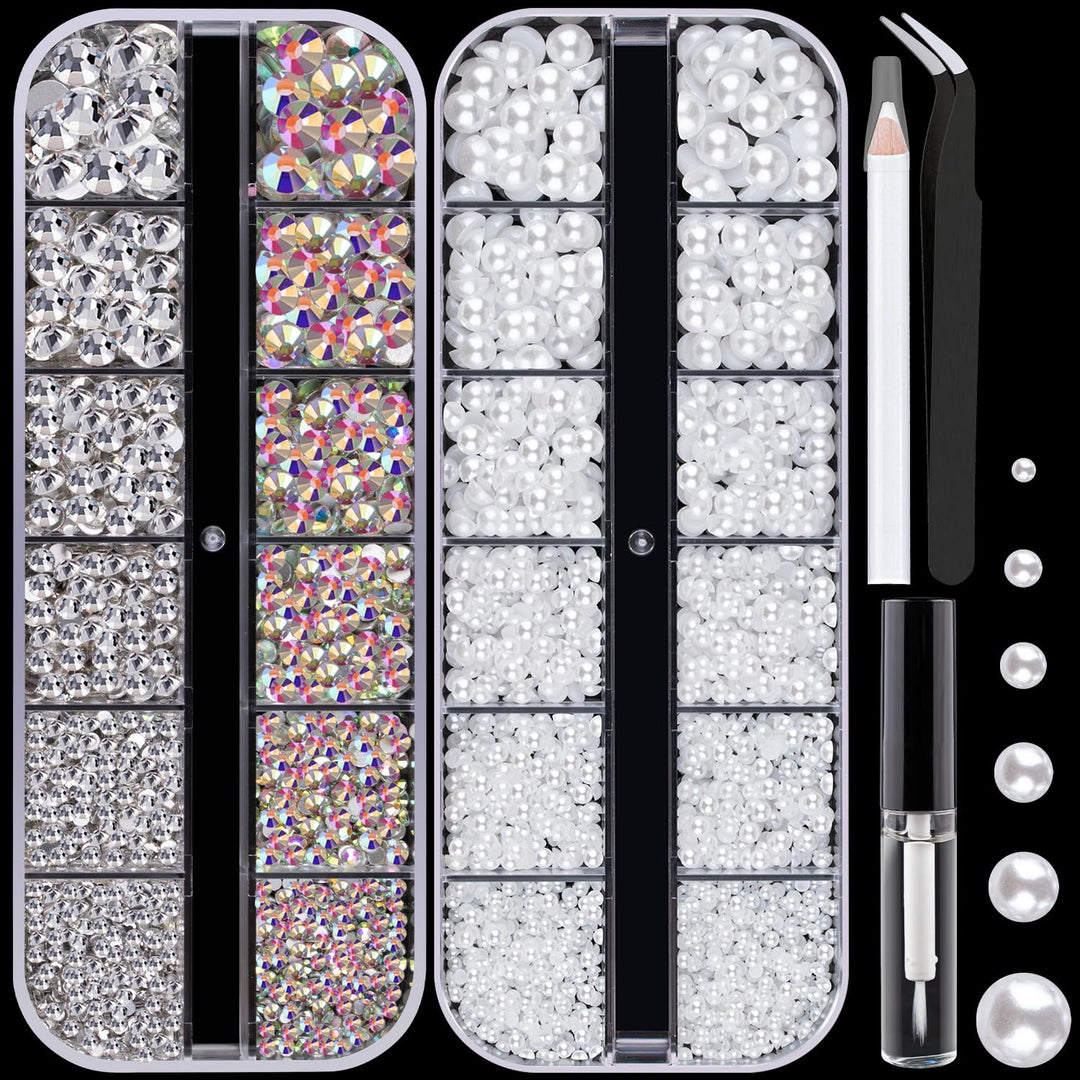 2300Pcs Face Gems Flatback Rhinestone For Makeup With Glue, Round Glass Crystal Ab & Clear Rhinestones, Half Round White Pearls