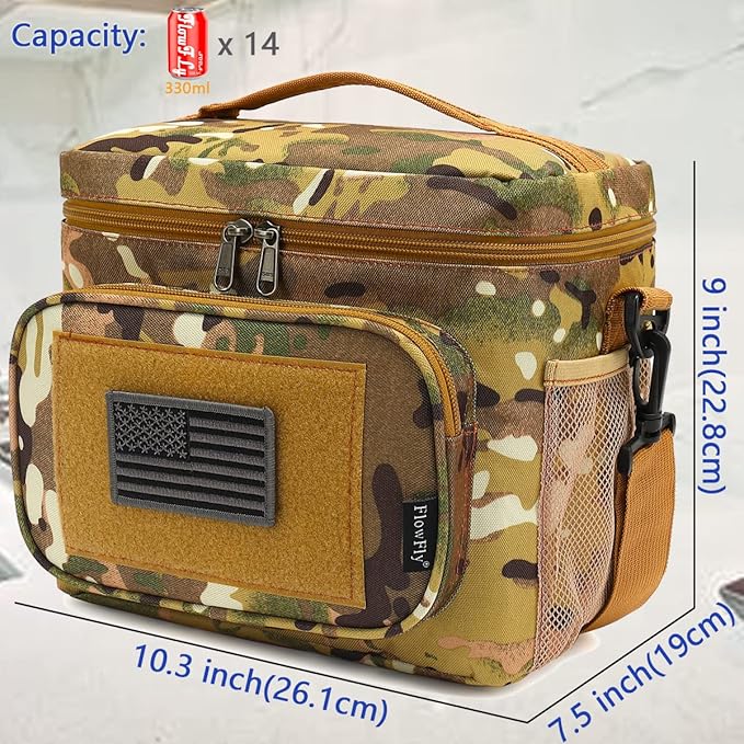 FlowFly Lunch Bag, Insulated Cooler, Thermal Lunch Box Tote with MOLLE/PALS Webbing, Adjustable Padded Shoulder Strap, for Tactical Men Women Adults and Boys Girls Kids (Multicam, Medium)