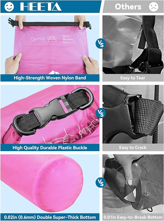 HEETA Dry Bag Waterproof for Women Men, 5L/10L/20L/30L/40L Roll Top Lightweight Dry Storage Bag Backpack with Phone Case for Travel, Swimming, Boating, Kayaking, Camping & Beach, 11 Transparent Colors