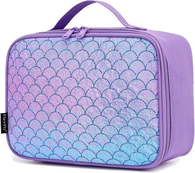 FlowFly Kids Lunch box Insulated Soft Bag Mini Cooler Back to School Thermal Meal Tote Kit for Girls, Boys,Glitter-Purple
