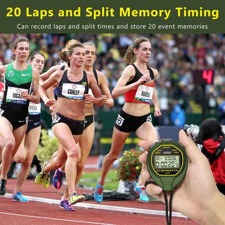 20 Laps Memory Stopwatch Waterproof, ON/Off Function Digital Simple Stopwatch Timer, No Clock No Calendar No Alarm, Silent Stop Watch for Sports Coaches Swimming Running, Green
