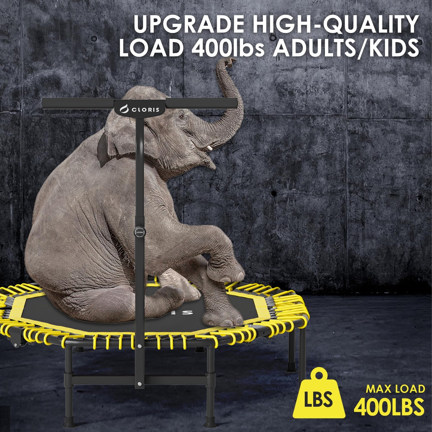 CLORIS 38in/40in/48in Folding Trampoline Mini Rebounder Fitness Trampoline with Adjustable Foam Handle for Kids/Adult, with safty Padded Cover Best Gift for Kids/Adult (Yellow)โฆ (48in-Yellow)