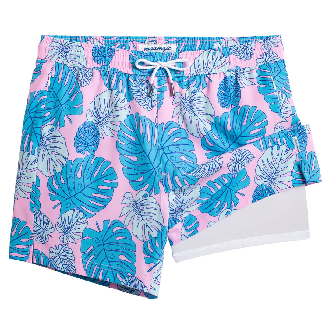 maamgic Mens Swim Trunks with Compression Liner 5" Stretch Athletic Swimming shorts Quick Dry with Zipper Pockets No-Chafing Board Shorts Pink-Sky Blue Leaves M