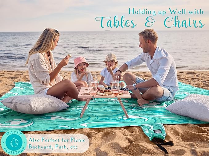 WEKAPO Beach Blanket Waterproof Sandproof Oversized Extra Large Sand Free Beach Mat with Stakes, Storage Bag - Essentials for Outdoor Beach, Picnic (Turquoise Ocean Waves, 11 X 9 FT (1~10 Person))