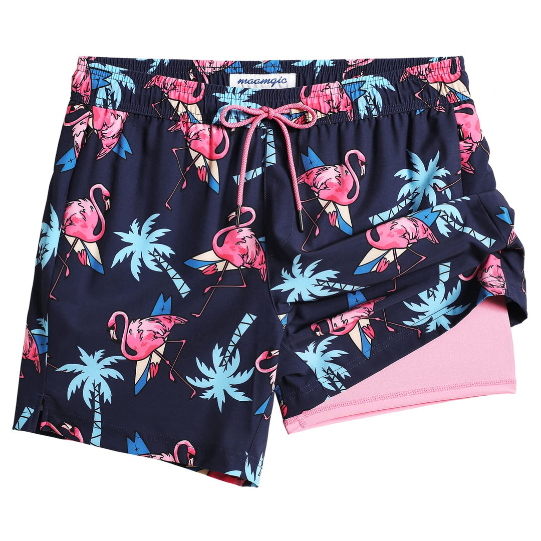maamgic Mens Swim Trunks with Compression Liner 5" Stretch Beach Shorts Quick Dry with Zipper Pockets No-Chafing Board Shorts Navy-Flamingo Palm XS