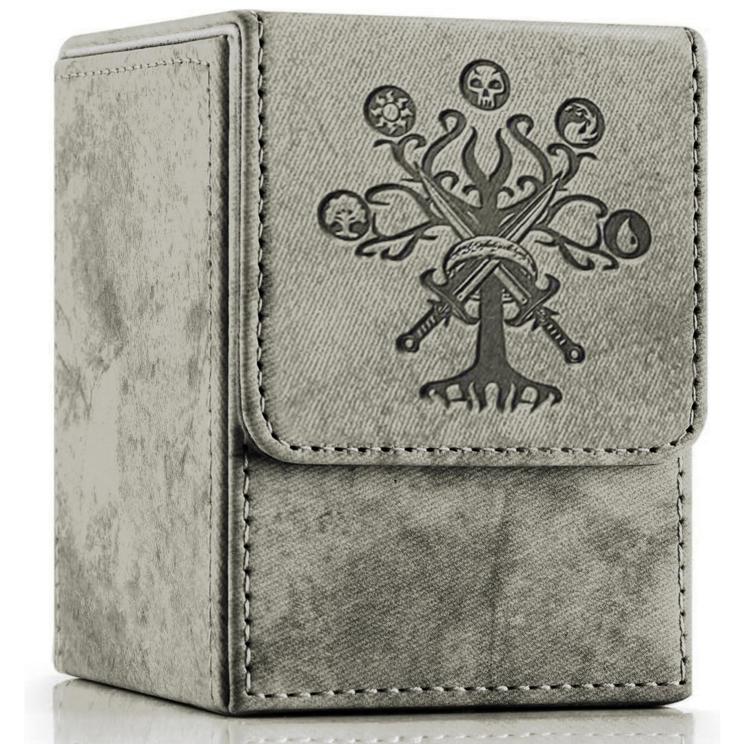 PROMAXIBINDER MTG Card Deck Box, Commander Deck Box Fits 100+ Single Sleeved Cards, Storage for TCG/MTG Crads, PU Leather Strong Magenet (Grey, Tree)