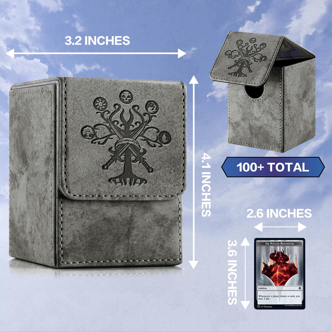 PROMAXIBINDER MTG Card Deck Box, Commander Deck Box Fits 100+ Single Sleeved Cards, Storage for TCG/MTG Crads, PU Leather Strong Magenet (Darkgrey, Tree)