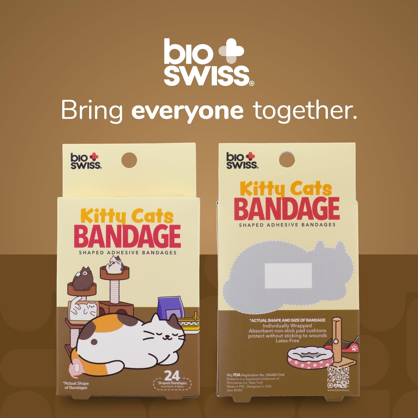 BioSwiss Bandages, Kitty Cats Shaped Self Adhesive Bandage, Latex Free Sterile Wound Care, Fun First Aid Kit Supplies for Kids and Adults, 24 Count