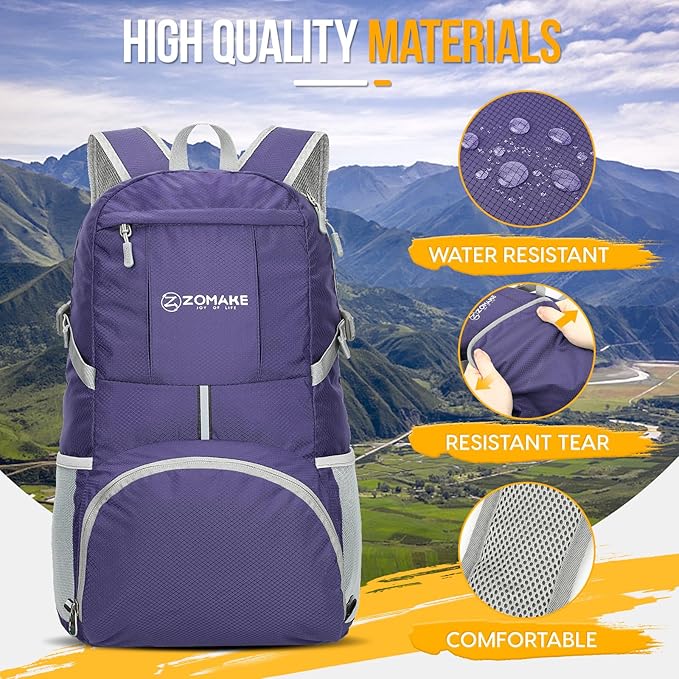 ZOMAKE Lightweight Packable Backpack 35L, Light Foldable Backpacks Water Resistant Collapsible Hiking Bag, Compact Folding Day Pack for Travel Camping(Purple)