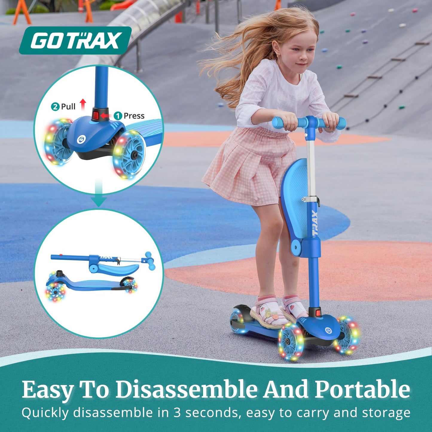 Gotrax KS3 Kids Kick Scooter, LED Lighted Wheels, Adjustable Height Handlebars and Removable Seat, Lean-to-Steer & Widen Anti-Slip Deck, 3 Wheel Scooter for Kids Ages 2-8 and up to 100 Lbs (Blue)