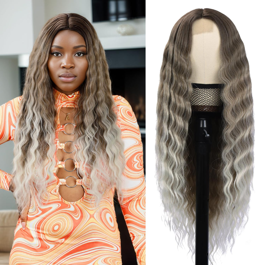 Brown 28 Inch Curly Wig Long Wigs For Black Women Loose Deep Wave Ash Blonde Synthetic Lace Front Wig 4'' Simulated Scalp Middle