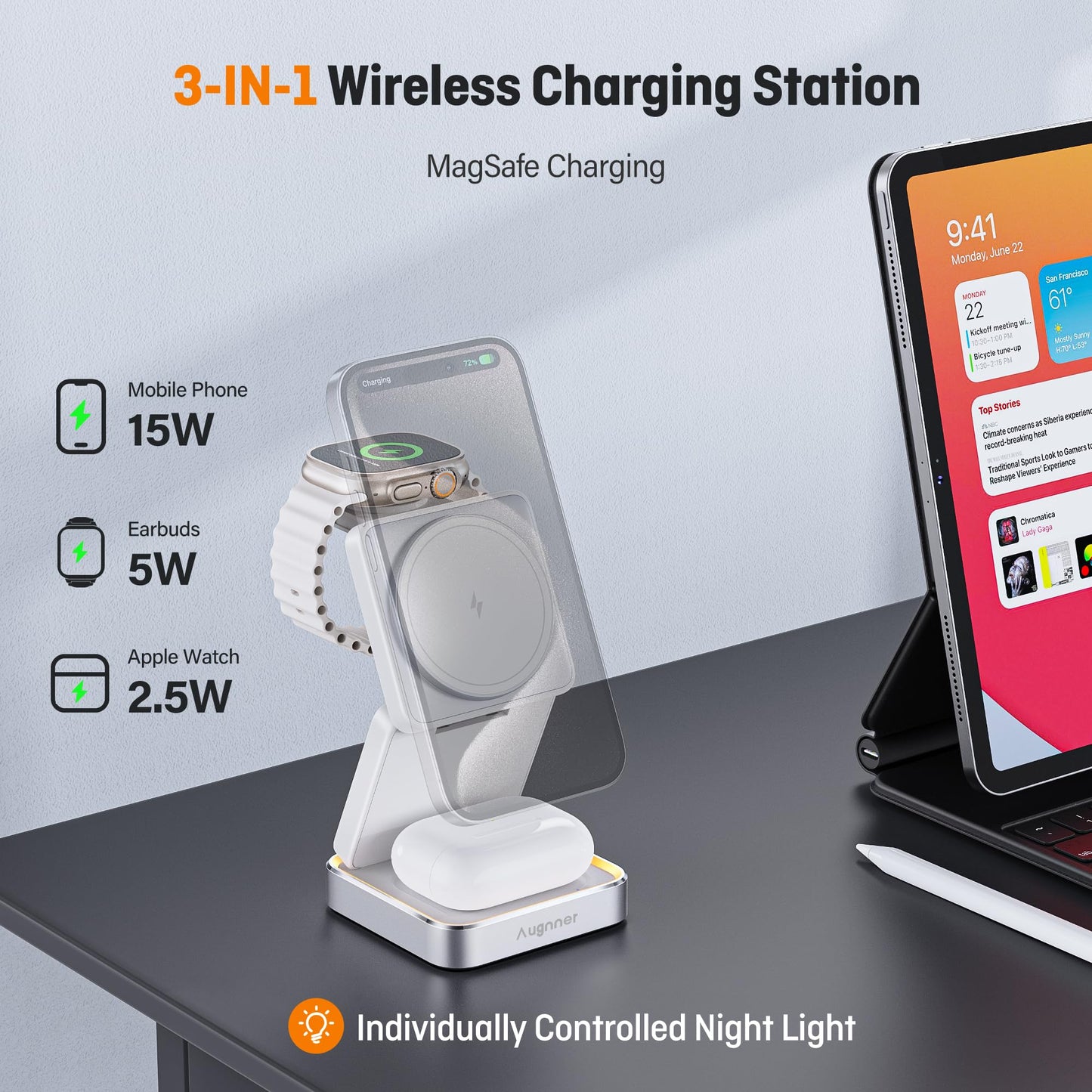 【2025 Upgraded】Magnetic Wireless Charger 3 in 1, Travel Foldable Wireless Charging Station with Night Light for Apple MagSafe Charger, Nightstand Fast 15W Charging Station (20W Adapter)