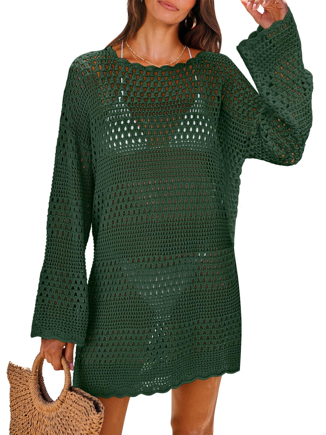 ANRABESS Women Swimsuit Crochet Swim Cover Up 2024 Summer Bathing Suit Swimwear Mesh Knit Beach Dress Vacation Outfits Deep Green Small