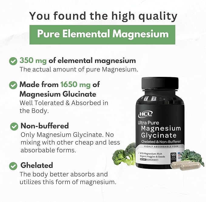 Pure Magnesium Glycinate Capsules - Non-Buffered 350mg Elemental Magnesium Supplement - Chelated High Absorption & Purity Magnesium Complex - Made in USA