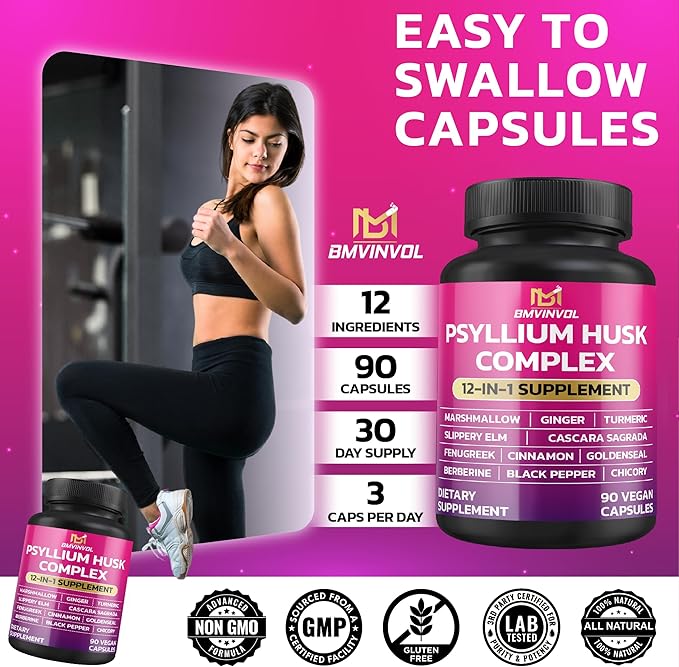 BMVINVOL Psyllium Husk, Slippery Elm, Cascara Sagrada, Fenugreek, Berberine, Cinnamon, Turmeric + 5 Mores - Immune Support & Digestive Health Supplement - 90 Capsules