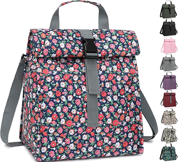 Insulated Lunch Bag for Men/Women/Kids, Roll top Reusable Lunch Box with Adjustable Shoulder Strap, Thermal Lunch Cooler Tote Container for Adults/Teens School Work Office Picnic,Floral