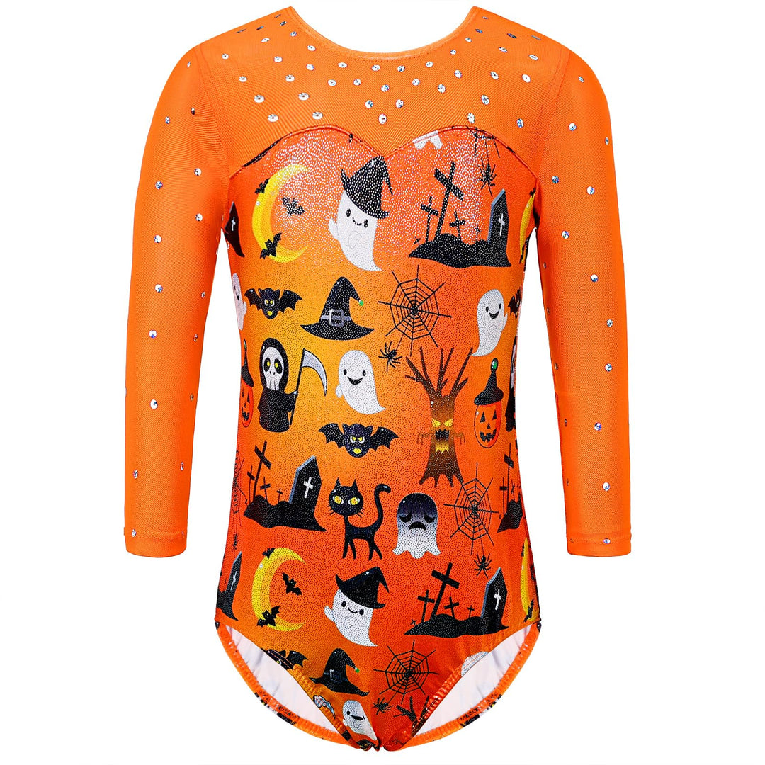 TFJH E Girls Gymnastic Leotards Practice Outfits 3/4 Sleeve Ballet DanceTumbling Wear 274 Orange Halloween 4A