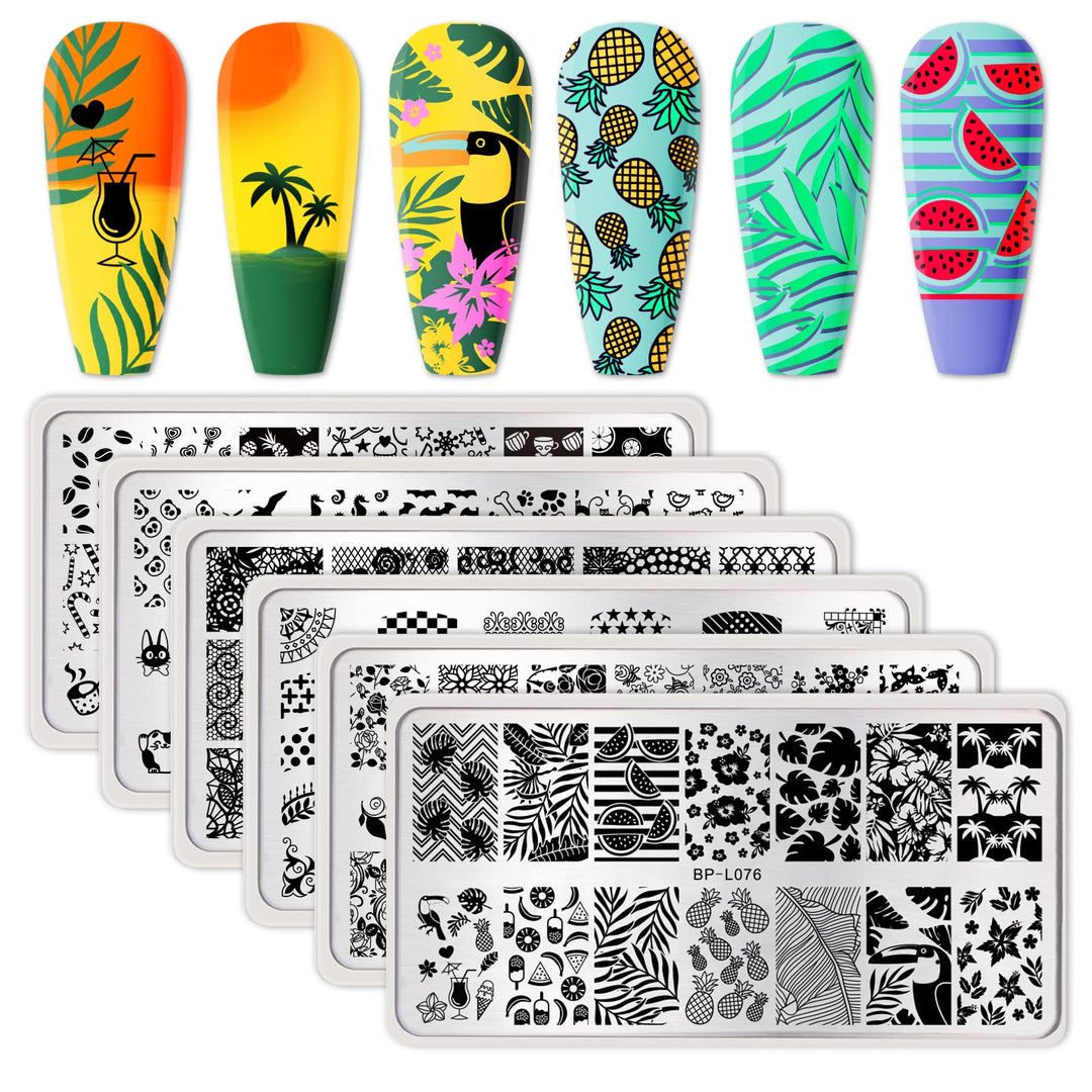 Born Pretty Nail Art Stamping Plates Set, Food, Bunnies, Flowers, Lace, Tropical, French Tip Themes Manicuring Diy Nail Template