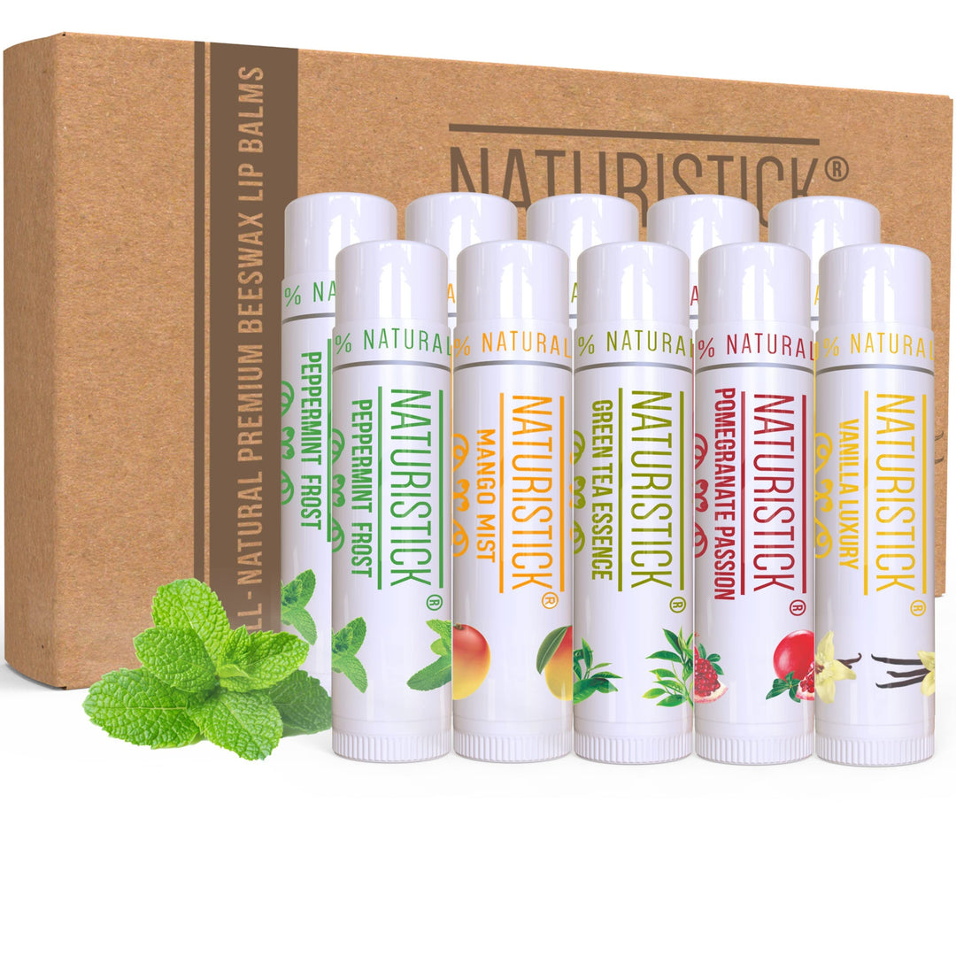 10-Pack Lip Balm Gift Set By Naturistick. Assorted Scents. 100% Natural Ingredients. Best Beeswax Chapsticks For Dry, Chapped Li