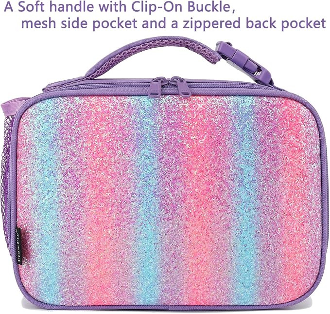 FlowFly Kids Lunch box Insulated Soft Bag Mini Cooler Back to School Thermal Meal Tote Kit for Girls, Boys,Purple#Glitter