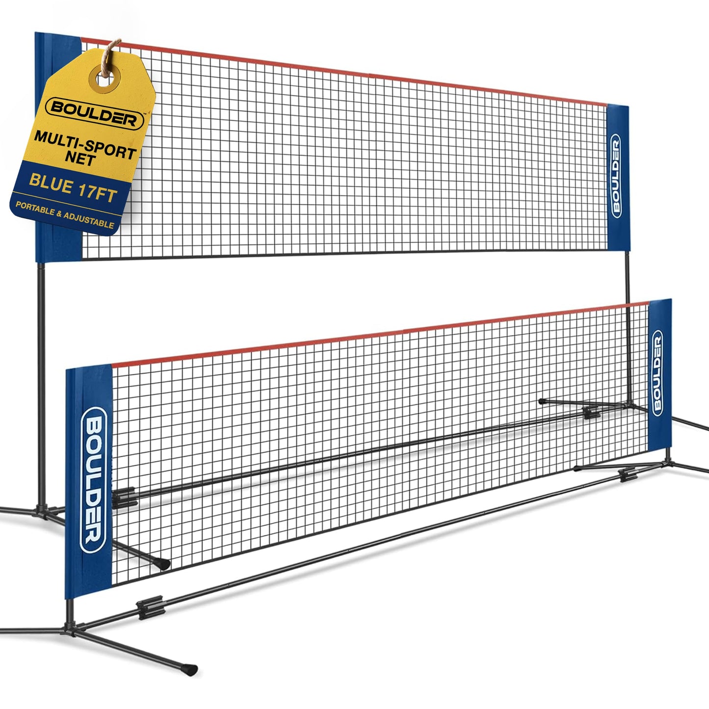 BOULDER Portable Badminton Net Set - for Tennis, Soccer Tennis, Pickleball, Kids Volleyball - Easy Setup Nylon Sports Net with Poles (Blue/Red, 17 FT)