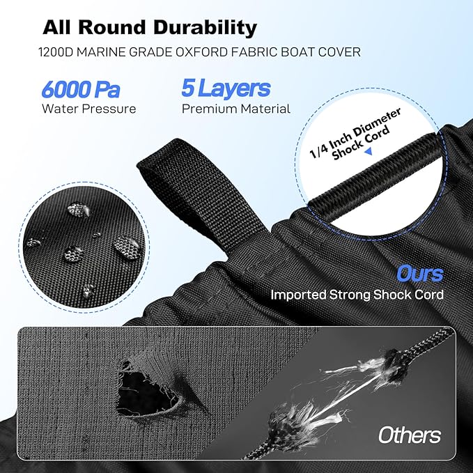 Boat Cover 20-22ft, Bass Tracker Boat Cover with Sand Bag Mooring Kit,1200D Marine Canvas Waterproof Heavy Duty Boat Covers for 20 feet 21ft 22' Foot V Hull Bass & Runabout Boat,Black